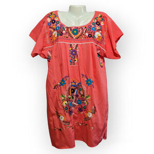 Artesanias FR Womens Coral Pink Authentic Handmade Embroidered Mexican Dress XL